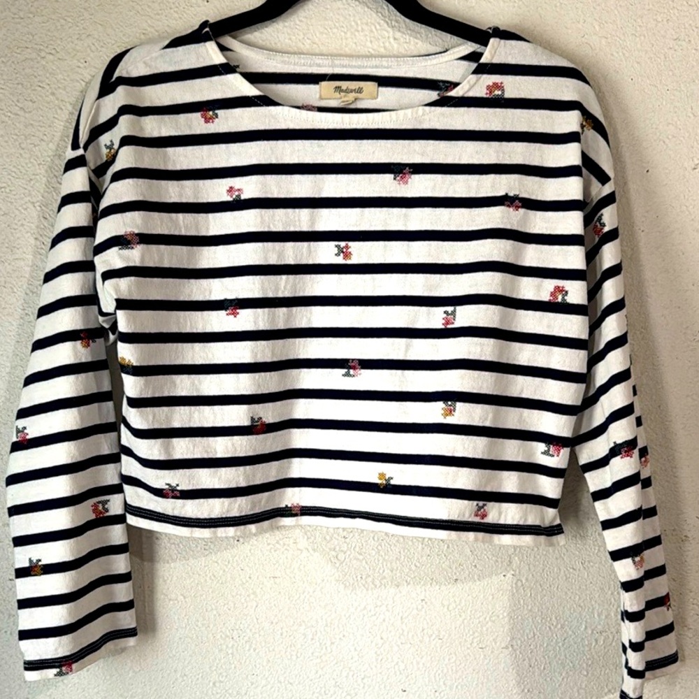 Madewell Cross-Stitched Embroidered Supercrop Long-Sleeve Tee with Stripe